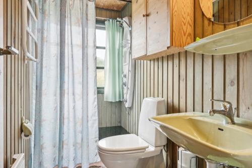 a bathroom with a toilet and a sink at Summerhouse In Peaceful Surroundings in Pandrup