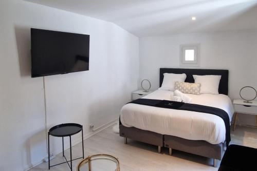 a bedroom with a bed with a tv on the wall at Marguerite - Charme et confort in Orange