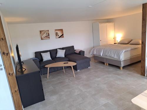 a living room with a couch and a bed at Idyllic Country Apartment Incl All Utilities in Christiansfeld