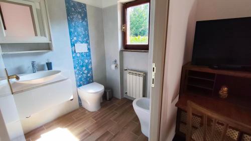a bathroom with a sink and a toilet and a television at La Caldara House in Manziana