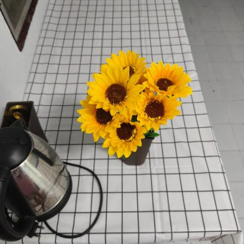 a vase of sunflowers sitting on top of a counter at NiranHouse Hostel in Sathani Phitsanulok