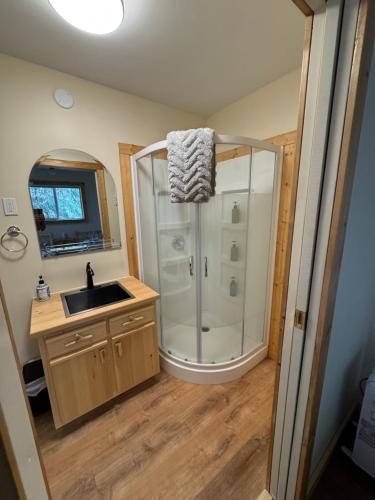 a bathroom with a shower and a sink at Nakiska Bear Ranch in Clearwater