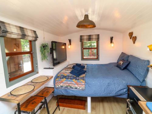 a bedroom with a blue bed and a table at Lake View Shepherds Hut in Lincoln