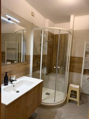 a bathroom with a shower and a sink at Cozy tiny flat in Cadore Dolomiti in Calalzo