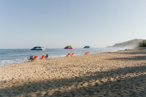 a beach with chairs and umbrellas and the ocean at Condo Solana Oceanview and Jungle Bliss! in Sayulita
