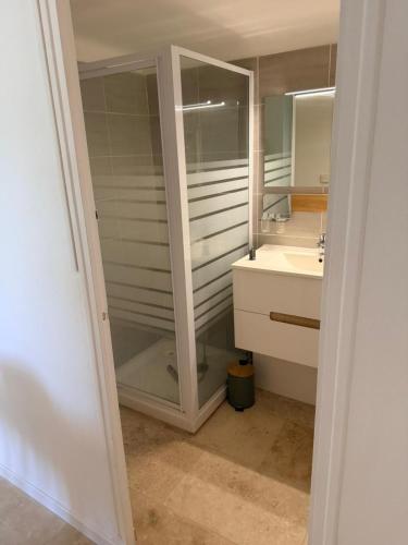 a bathroom with a sink and a mirror at Studio avec terrasse et parking privé in Château-Arnoux-Saint-Auban