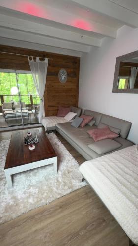 a living room with a couch and a coffee table at Cottage de pénélope in Lunéville