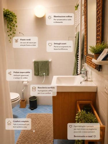 a bathroom with a sink and a toilet with descriptions at Casa Giorgia Collio Suite in Cormòns