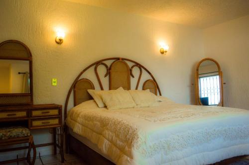 a bedroom with a large bed and a mirror at Private Villa in Guadalajara with heated Swimming Pool in San Agustín