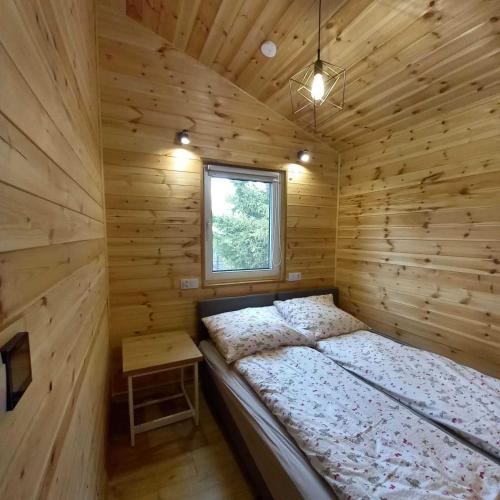 a bed in a log cabin with a window at Ostoja Semlińska in Semlin