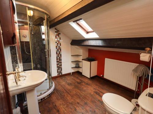 a bathroom with a toilet and a sink and a shower at Tethera Cottage in Penrith