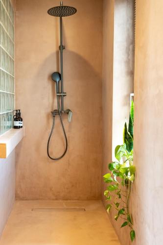 a shower in the corner of a bathroom at Nest In The Yard in Parga