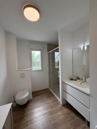 a white bathroom with a toilet and a sink at Studio with garden in Dinard