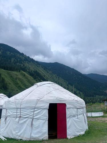 a white tent with a red door in a field at Murat Lyazzat Hotel in Kurmenty
