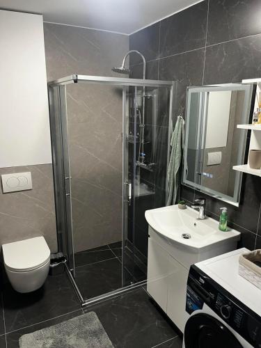 a bathroom with a shower and a toilet and a sink at City Nest, Free Parking & City Center in Prijedor