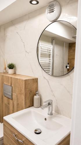 a bathroom with a sink and a mirror at Apartments Rajska 77 in Wrocław