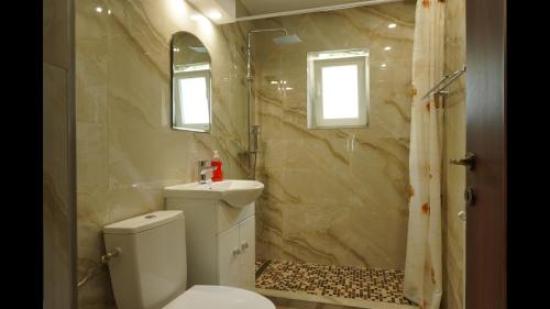 a bathroom with a toilet and a sink and a shower at Apartament Maria in Turda