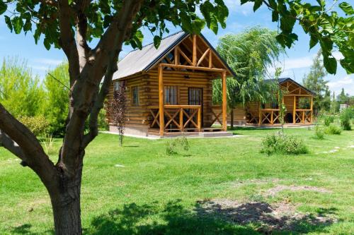 a log cabin in a field with a tree at Finca La Vilina - Tiny House in San Rafael