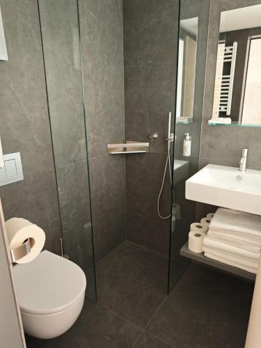 a bathroom with a shower and a toilet and a sink at Glamp Camp Danica in Bohinj