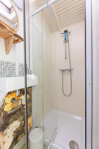 a shower with a glass door in a bathroom at Tiny House in Kampen