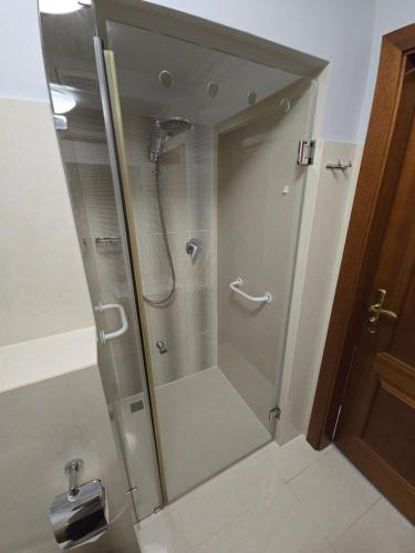 a shower with a glass door in a bathroom at Pensjonat Nad Rzeką in Wisła