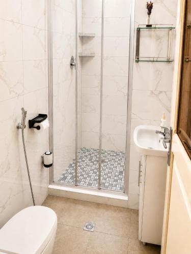 a bathroom with a shower and a toilet and a sink at Casa Mangrove in Maputo