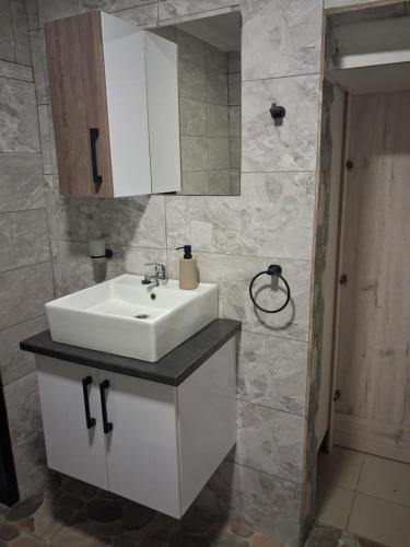 a bathroom with a white sink and a mirror at Trendy Tranquility in Secunda