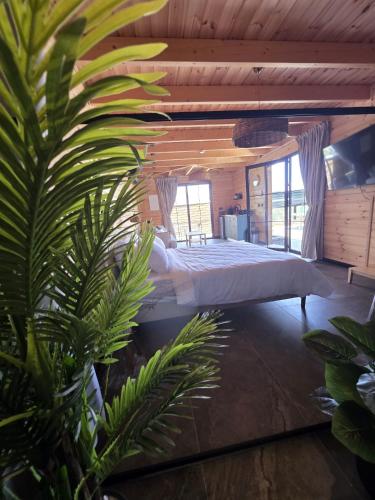 a bedroom with a large bed in a wooden house at Rosa Carmel in Dāliyat el Karmil