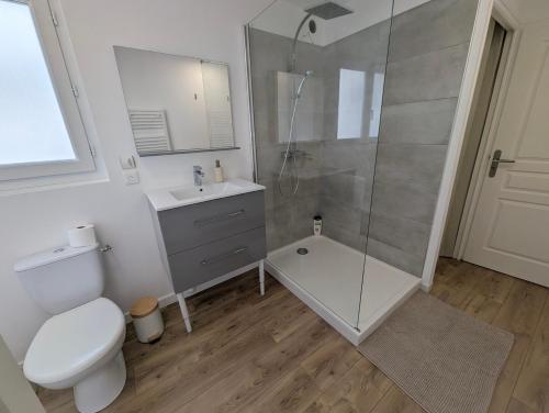a bathroom with a shower and a toilet and a sink at Studio cosy - terrasse privative - lit queen size in Berck-sur-Mer