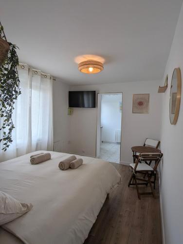a bedroom with a white bed with two pillows on it at Studio cosy - terrasse privative - lit queen size in Berck-sur-Mer