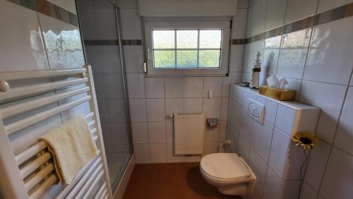 a small bathroom with a toilet and a window at Ferienwohnung Inge EG in Greetsiel