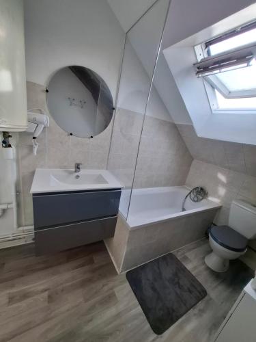 a bathroom with a sink and a toilet and a mirror at Flexygere 2 in Orléans
