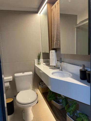 a bathroom with a white toilet and a sink at Espaço da Mariah in Arroio do Meio