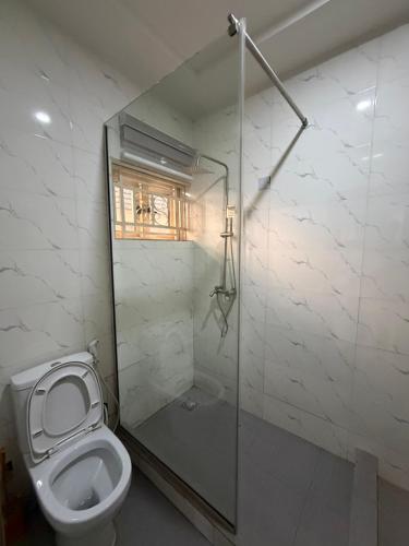 a white bathroom with a toilet and a shower at Lochwood in Aso