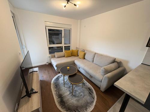 a living room with a couch and a table at Tesla Palace III in Kragujevac