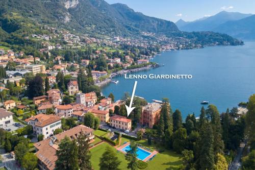 an aerial view of the town of lake gardinia at Lenno Giardinetto in Lenno