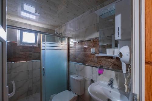 a bathroom with a shower and a toilet and a sink at Adrasan Çıtır Pansiyon in Kumluca