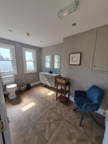 a bathroom with a toilet and a blue chair at AbbeyLane house in Trim