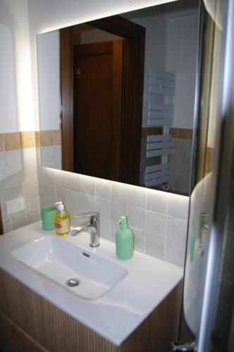 a bathroom sink with a mirror and a green soap dispenser at Roby's House in Gaiole in Chianti