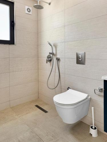 a bathroom with a toilet and a shower at LUKA Duplex SeaView and Terrace in Aglantzia