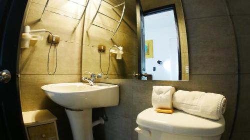 a bathroom with a sink and a toilet and a mirror at Tremo Bellavista in Santiago