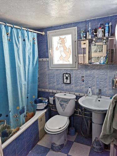 a blue bathroom with a toilet and a sink at Appartement terrasse climatisée in Tunis