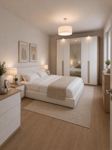 a bedroom with a large white bed and a bathroom at Palazzo Solera in Casarano