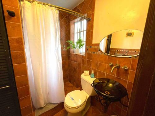 a bathroom with a toilet and a sink and a mirror at Private room in the Heart of Little Havana for 4 Guests in Miami