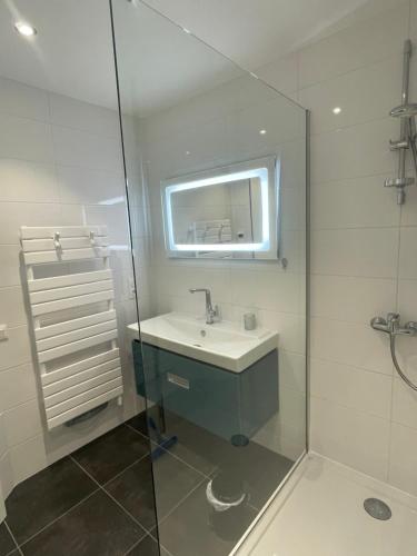 a bathroom with a sink and a glass shower at LE BRIDGE in Bénouville