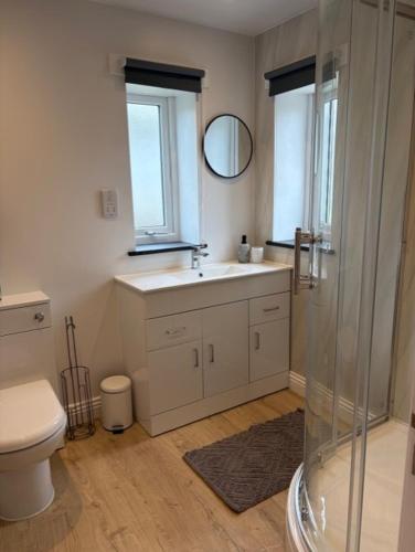 a bathroom with a shower and a sink and a toilet at Pendragon Studio in Penzance