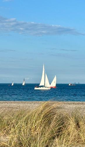 a group of boats in the water near a beach at Seafront Lux Apt, Central, Beach, Direct Airport Metro in Copenhagen