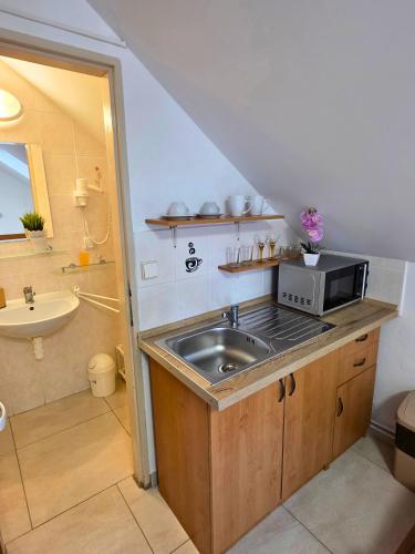 a kitchen with a sink and a microwave at Ubytovanie LISKA in Radava