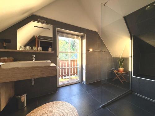 a bathroom with a sink and a glass shower at Stefflhof in Gabersdorf