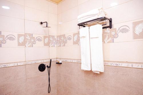 a bathroom with a shower with white towels on a rack at Lemon hills hotel in Runda